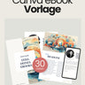 Mockup einer Canva-eBook-Vorlage mit 30 Seiten: Drei gestaltete eBook-Seiten mit bunten Illustrationen und Platzhaltern für Titel, Inhalte und Autorenfoto. Der Text auf der Titelseite zeigt 'Titel deines eBooks', daneben sind Beispielseiten mit Überschriften, Fliesstext und Bildern zu sehen. Zusätzlich wird die mobile Ansicht auf einem Smartphone angezeigt.