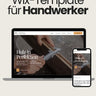 Mockup eines Wix-Templates für Handwerker: Auf Laptop- und Smartphone-Bildschirmen ist eine Schreiner-Webseite mit dem Titel 'Holz in Perfektion' zu sehen. Die Startseite zeigt eine Hand, die mit einem Messschieber Holz vermisst. Navigation mit Menüpunkten wie Home, Leistungen, Projekte und Kontakt
