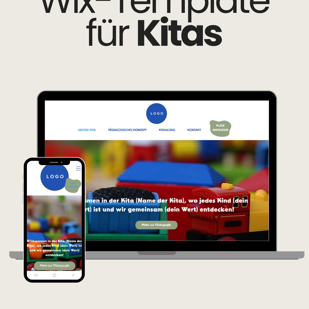 Mockup eines Wix-Templates für Kitas: Auf Laptop- und Smartphone-Bildschirmen ist eine bunte Website mit Spielzeug im Hintergrund zu sehen. Der Text auf der Startseite heisst Besucher in der Kita willkommen und verweist auf das pädagogische Konzept. Navigation mit Menüpunkten wie 'Unsere Kita', 'Pädagogisches Konzept', 'Kita-Alltag' und 'Kontakt'