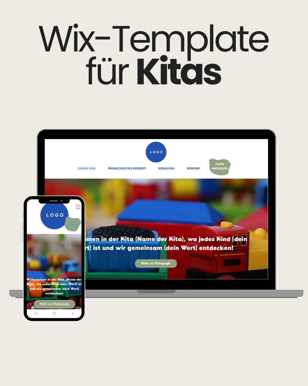 Mockup eines Wix-Templates für Kitas: Auf Laptop- und Smartphone-Bildschirmen ist eine bunte Website mit Spielzeug im Hintergrund zu sehen. Der Text auf der Startseite heisst Besucher in der Kita willkommen und verweist auf das pädagogische Konzept. Navigation mit Menüpunkten wie 'Unsere Kita', 'Pädagogisches Konzept', 'Kita-Alltag' und 'Kontakt'