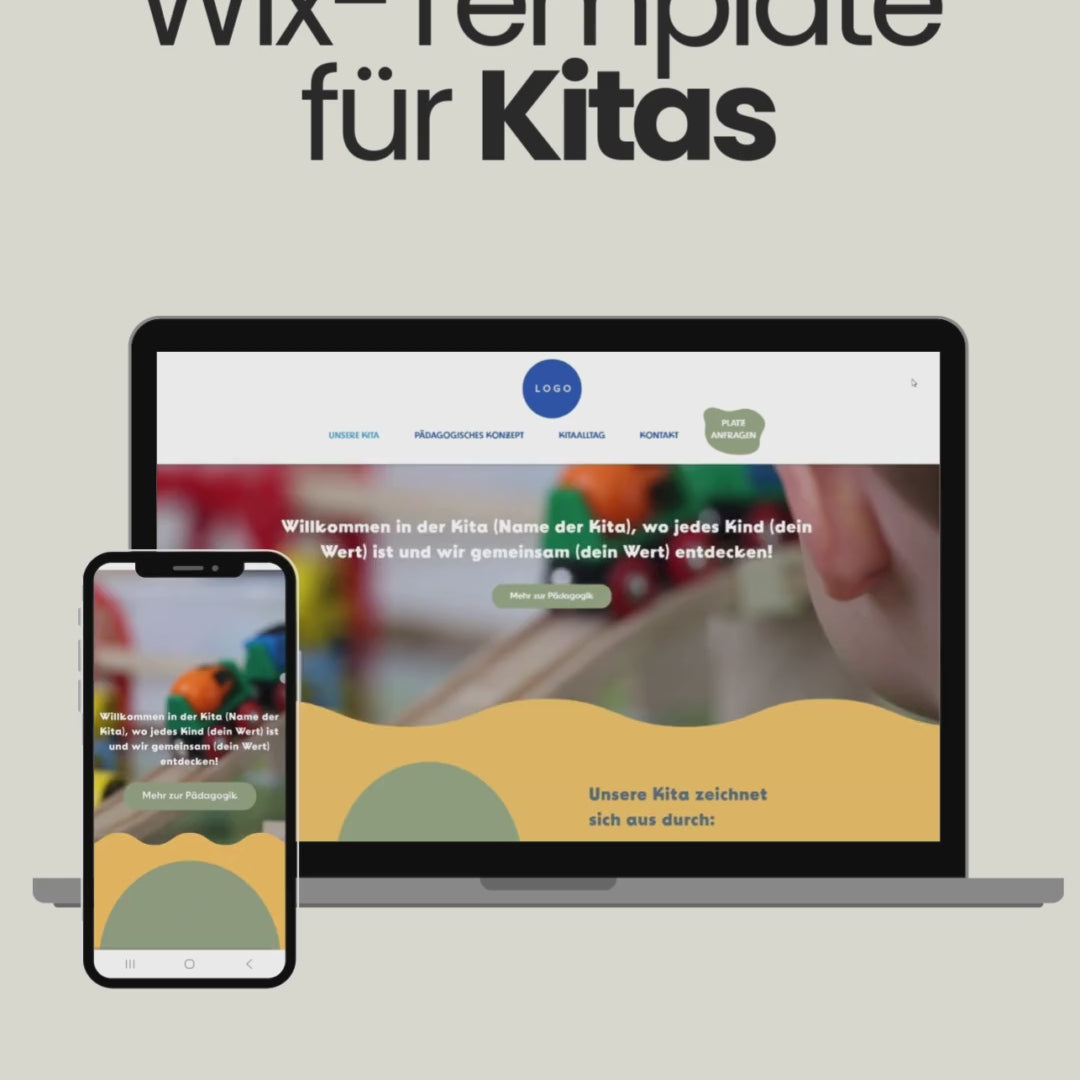 Video eines Wix-Templates für Kitas: Auf Laptop- und Smartphone-Bildschirmen ist eine farbenfrohe Kita-Website mit Spielzeug im Hintergrund zu sehen. Die Startseite begrüsst Besucher mit einem Willkommenstext und verweist auf das pädagogische Konzept. Navigation mit Menüpunkten wie 'Unsere Kita', 'Pädagogisches Konzept', 'Kita-Alltag' und 'Kontakt'