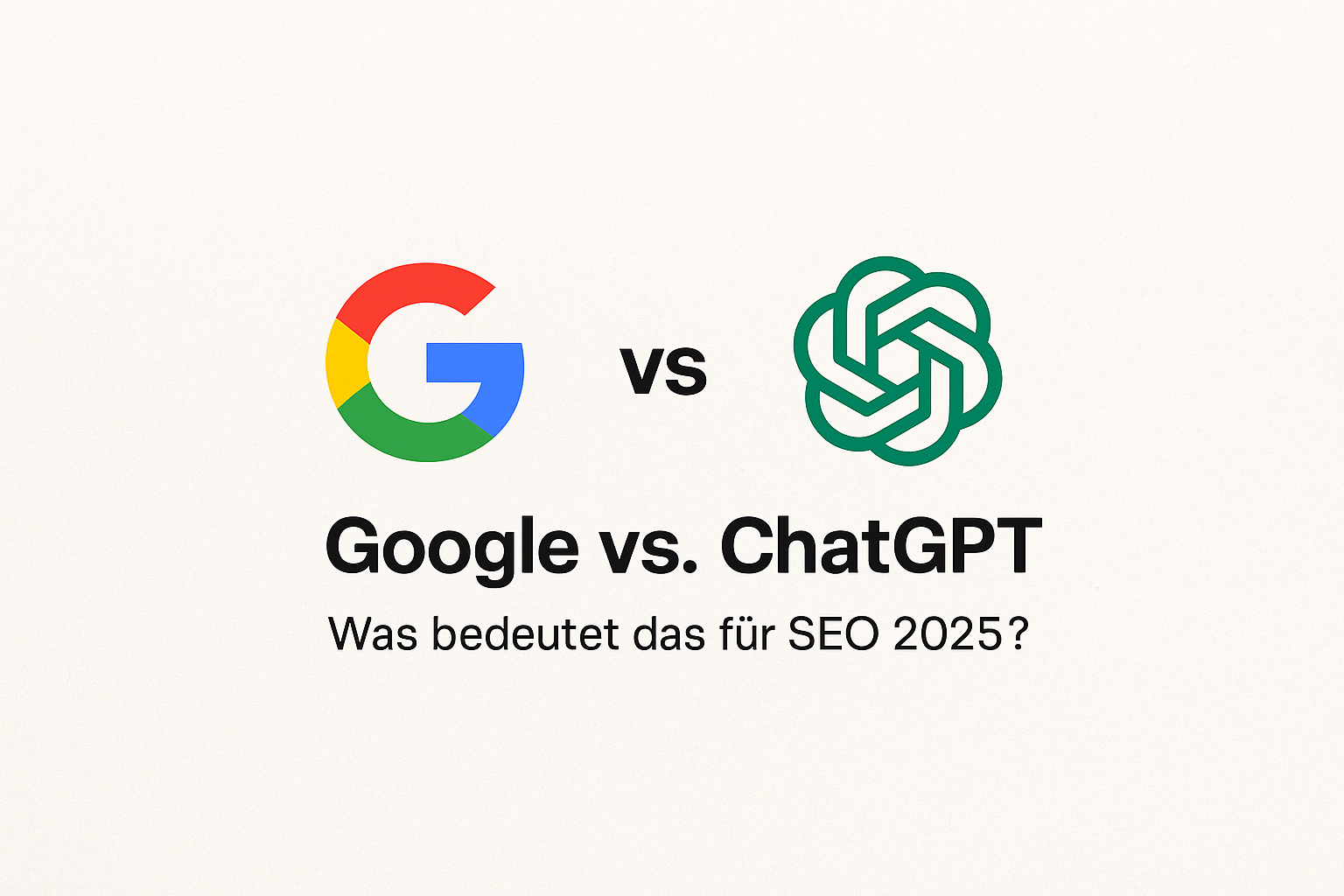 Vergleichende Grafik mit den Logos von Google und ChatGPT, mittig der Schriftzug „Google vs. ChatGPT – Was bedeutet das für SEO 2025?“ auf hellem Hintergrund.