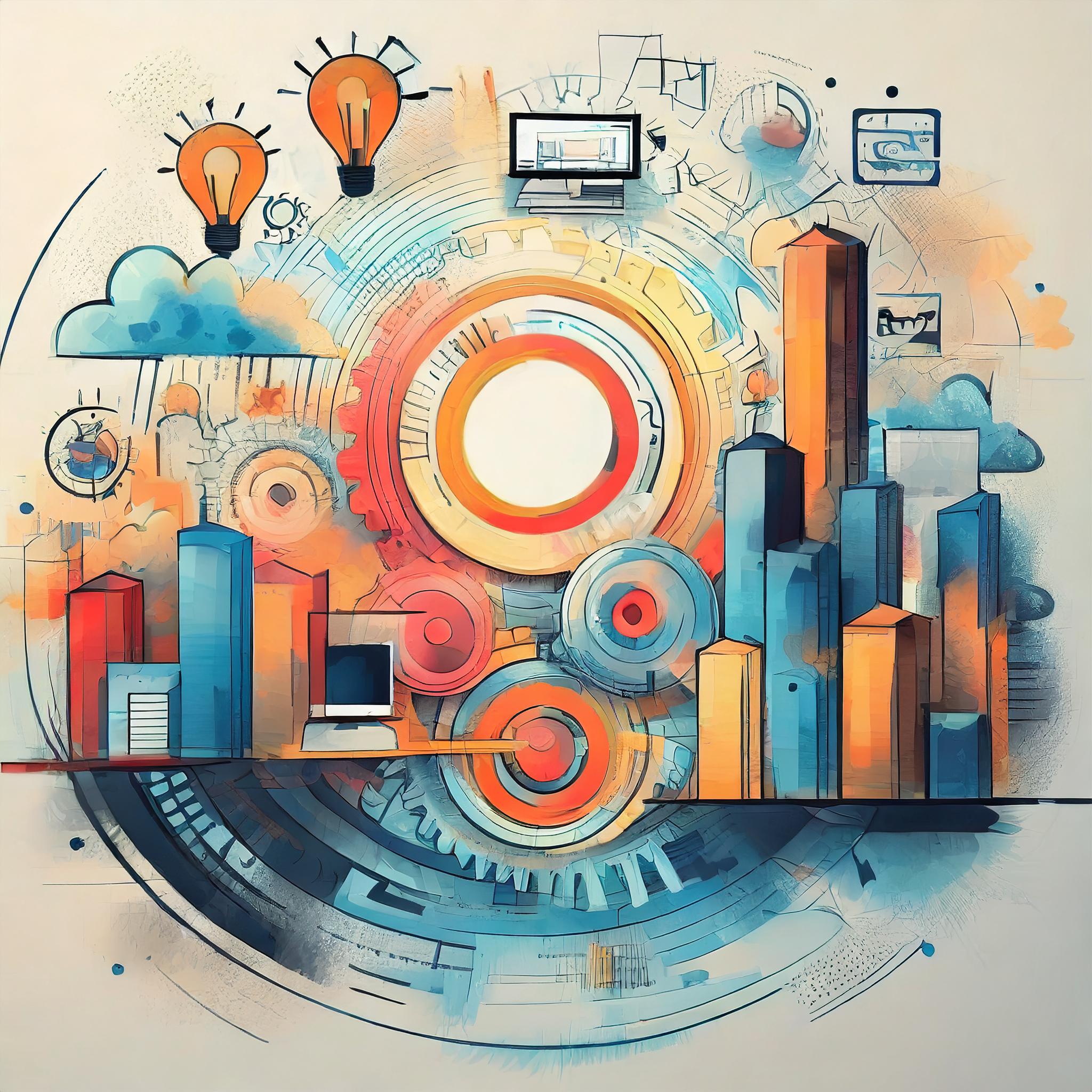 Illustration einer futuristischen Stadt mit Wolkenkratzern, Zahnrädern und digitalen Symbolen. Glühbirnen stehen für Innovation, während technische Elemente die Vernetzung und Digitalisierung betonen.