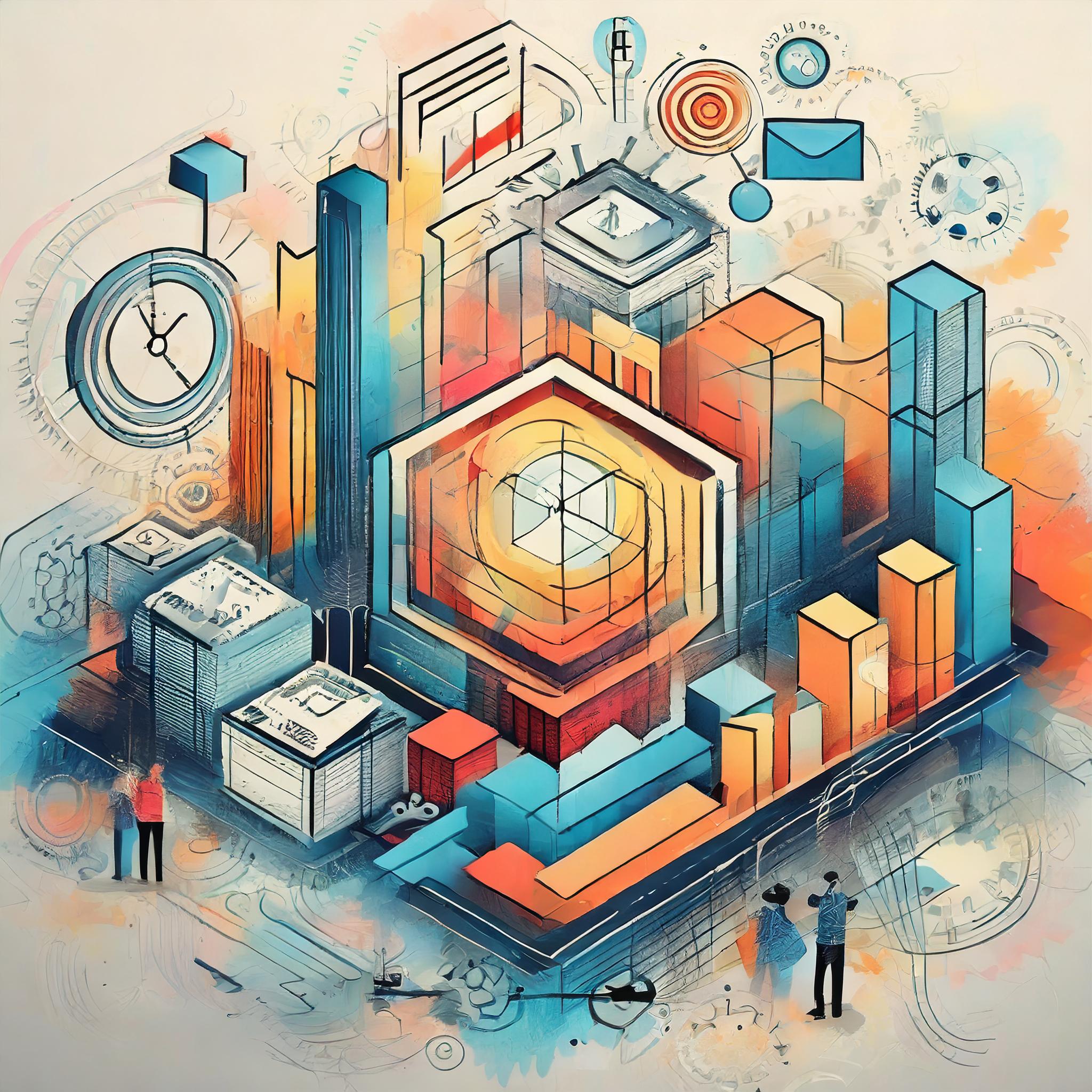 Illustration eines digitalen Ökosystems mit stilisierten Hochhäusern, Diagrammen und Menschen – symbolisiert die Verknüpfung von E-Commerce, Datenanalyse und Technologie.