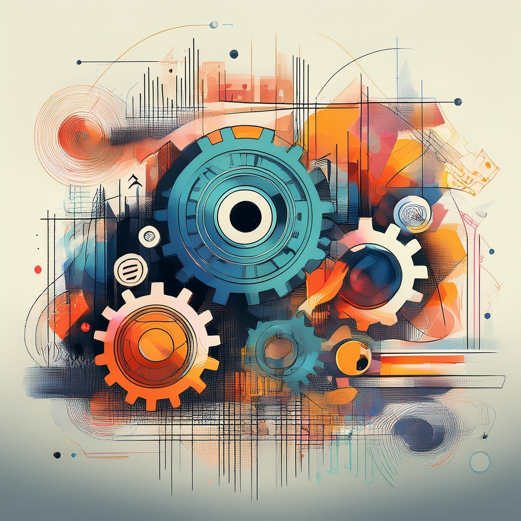 AI-generiertes Bild mit bunten Zahnrädern und Datenlinien – erstellt mit Adobe Firefly. Visualisiert die Verbindung von Technik, Daten und Marketing.