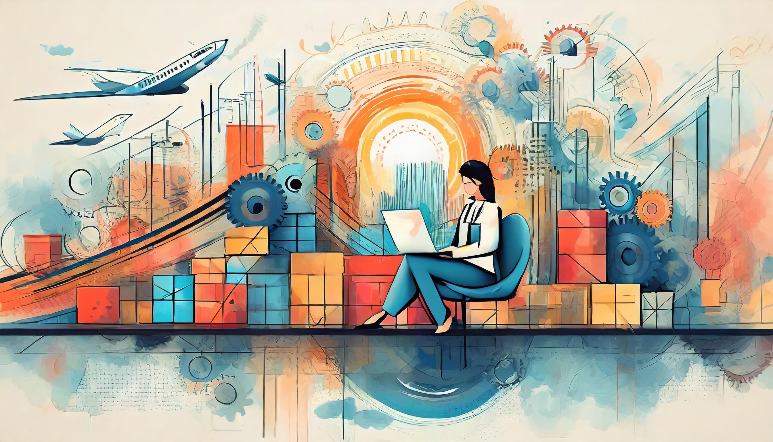 Futuristische digitale Illustration einer Geschäftsfrau, die mit einem Laptop arbeitet, umgeben von Versandboxen, Zahnrädern und einer dynamischen Stadtlandschaft. Flugzeuge heben im Hintergrund ab, während abstrakte Linien und leuchtende Farben den Fortschritt und die globale Vernetzung symbolisieren. Die Szene vermittelt Wachstum, E-Commerce, Logistik und digitale Transformation.