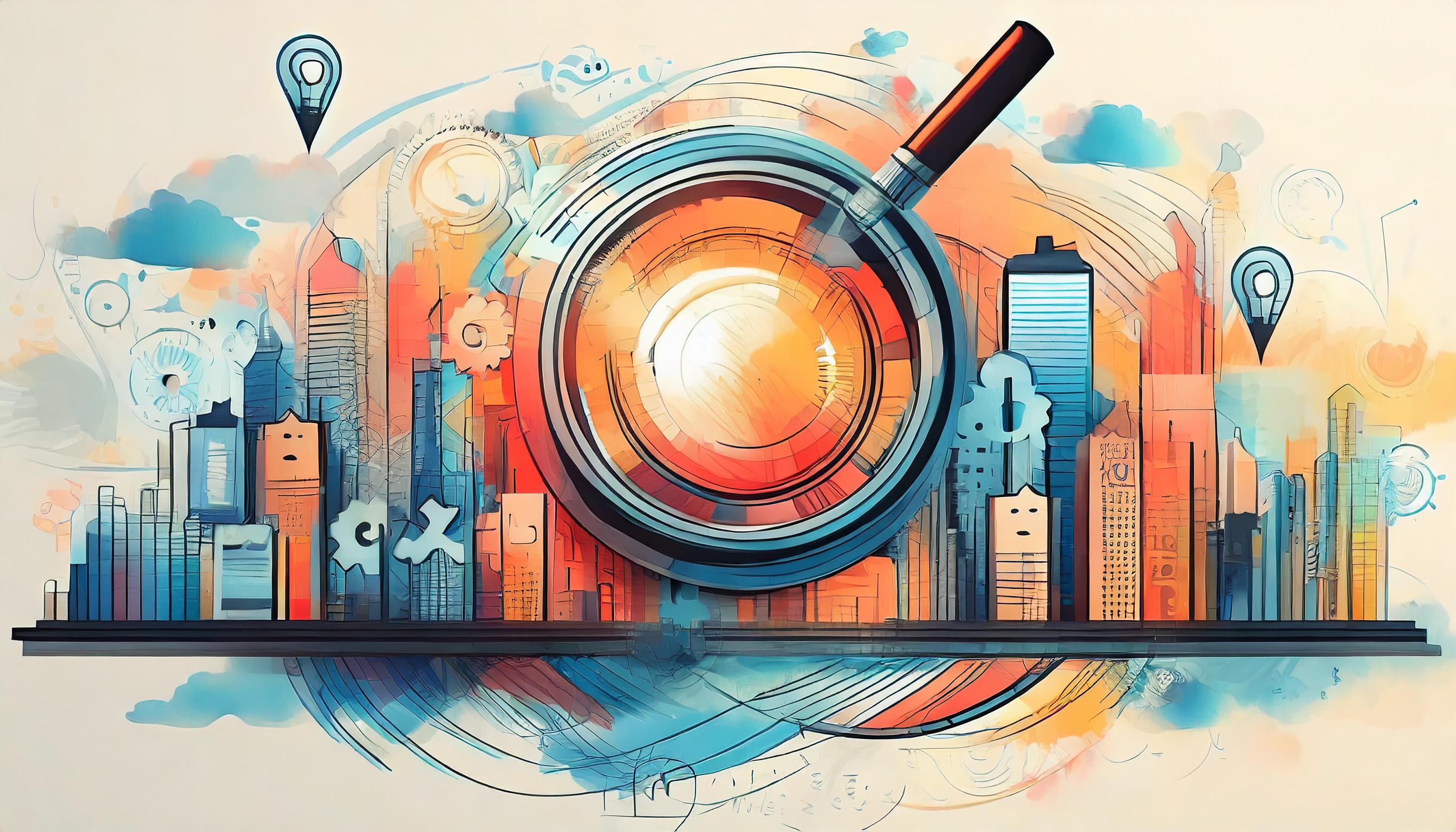 Kreative digitale Illustration einer futuristischen Stadtlandschaft mit einer grossen Lupe im Zentrum, die für Suche, Analyse oder digitale Entdeckung steht. Umgeben von Gebäuden in Blau- und Orangetönen, Zahnrädern und Standortmarkierungen, vermittelt das Bild ein Gefühl von Technologie, Innovation und urbaner Entwicklung. Ideal für Themen wie SEO, digitale Transformation oder Smart Cities.