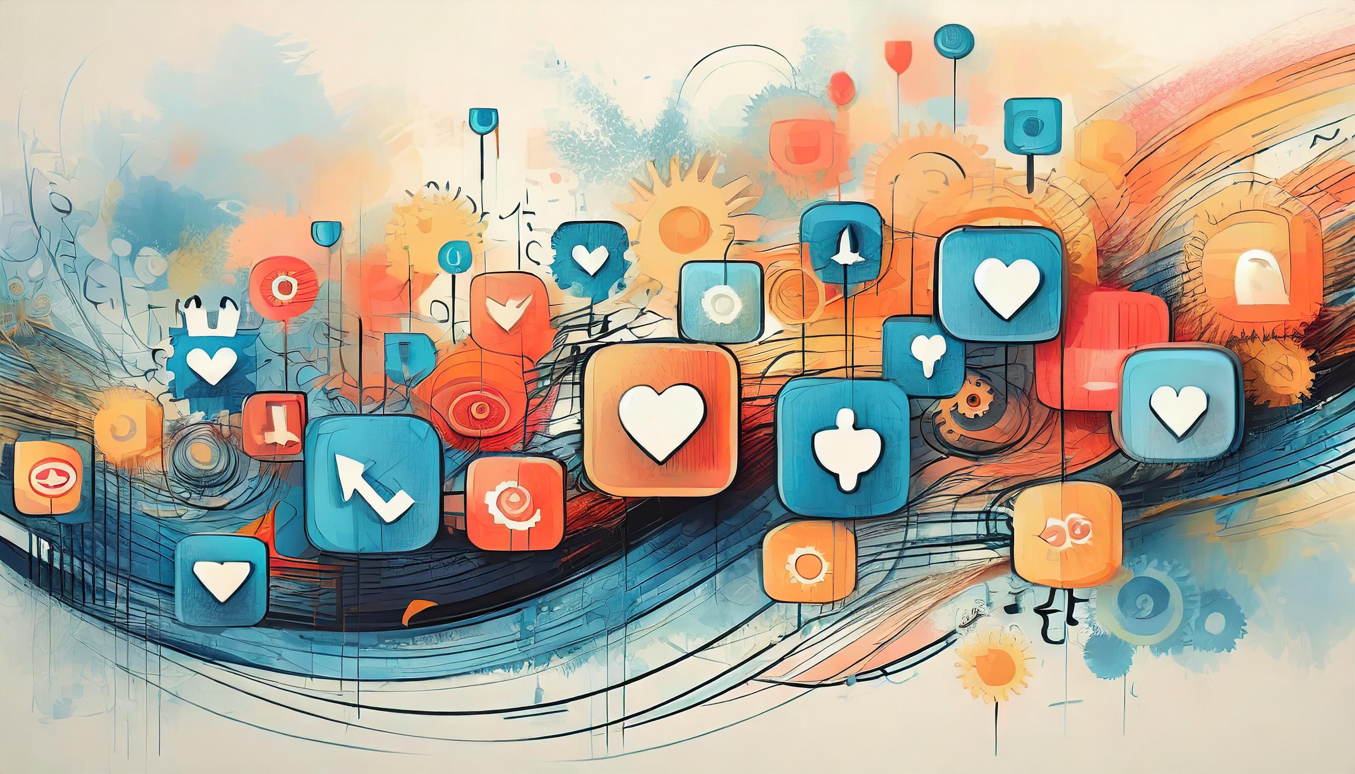Kreative digitale Illustration einer vernetzten Social-Media-Welt. Zahlreiche schwebende Icons in Blau-, Orange- und Rottönen mit Symbolen wie Herzen, Pfeilen, Zahnrädern und Raketen stellen digitale Interaktionen, Likes und Online-Kommunikation dar. Abstrakte Linien und dynamische Formen erzeugen eine energiegeladene Atmosphäre, die das Wachstum und die Vernetzung in digitalen Plattformen symbolisiert.