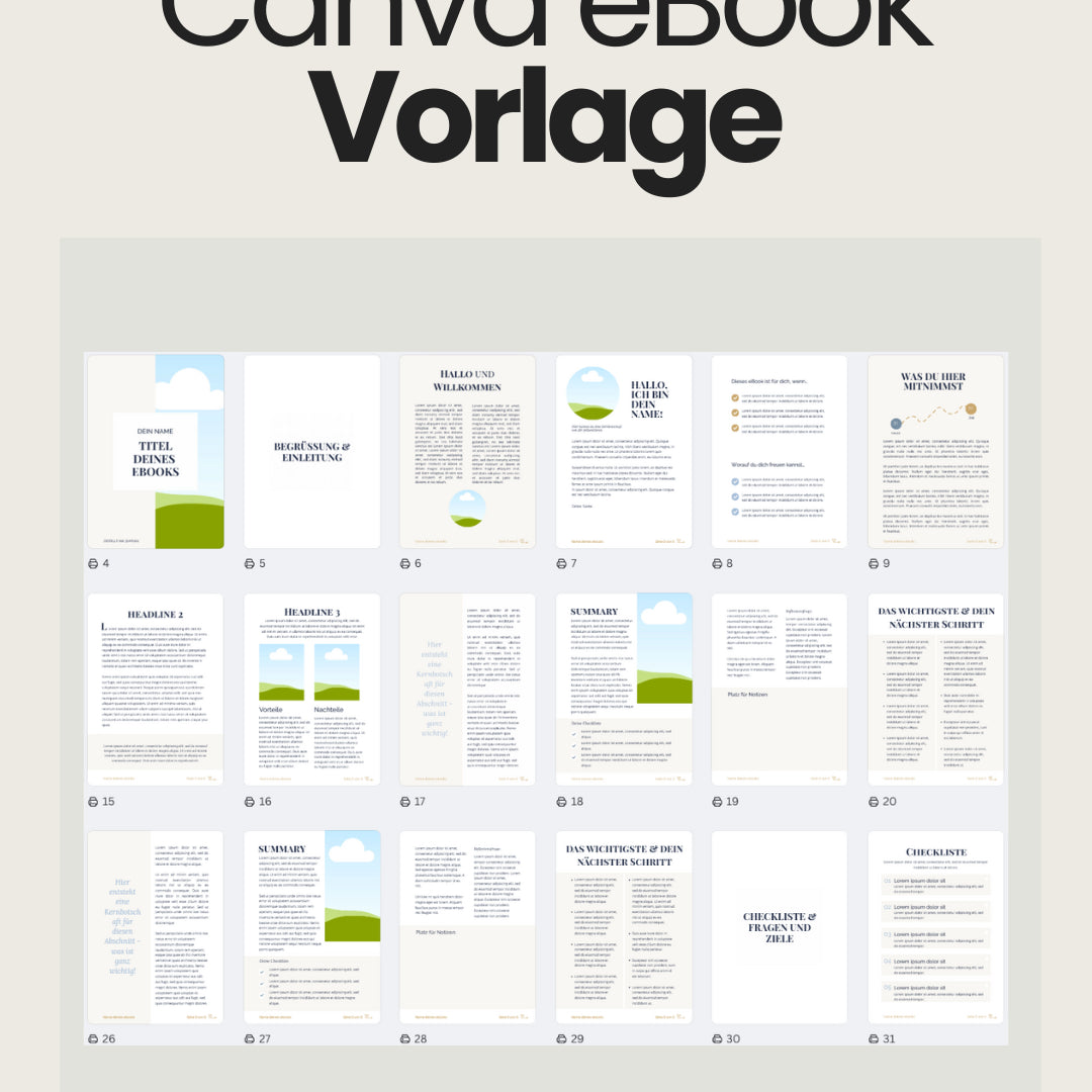 Übersicht einer Canva-eBook-Vorlage mit 30 Seiten: Die Seiten enthalten Platzhalter für Titel, Begrüssung, Einleitung, Kapitelüberschriften, Fliesstext, Listen, Vorteile-Nachteile-Tabellen, Zusammenfassungen und Checklisten. Das Design ist schlicht mit weissen Flächen, beigen Akzenten und Illustrationen von Landschaften.
