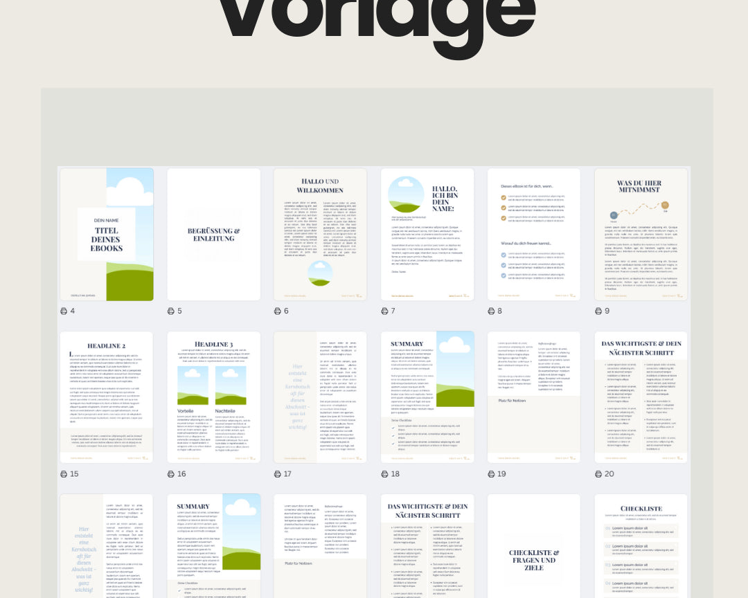 Übersicht einer Canva-eBook-Vorlage mit 30 Seiten: Die Seiten enthalten Platzhalter für Titel, Begrüssung, Einleitung, Kapitelüberschriften, Fliesstext, Listen, Vorteile-Nachteile-Tabellen, Zusammenfassungen und Checklisten. Das Design ist schlicht mit weissen Flächen, beigen Akzenten und Illustrationen von Landschaften.