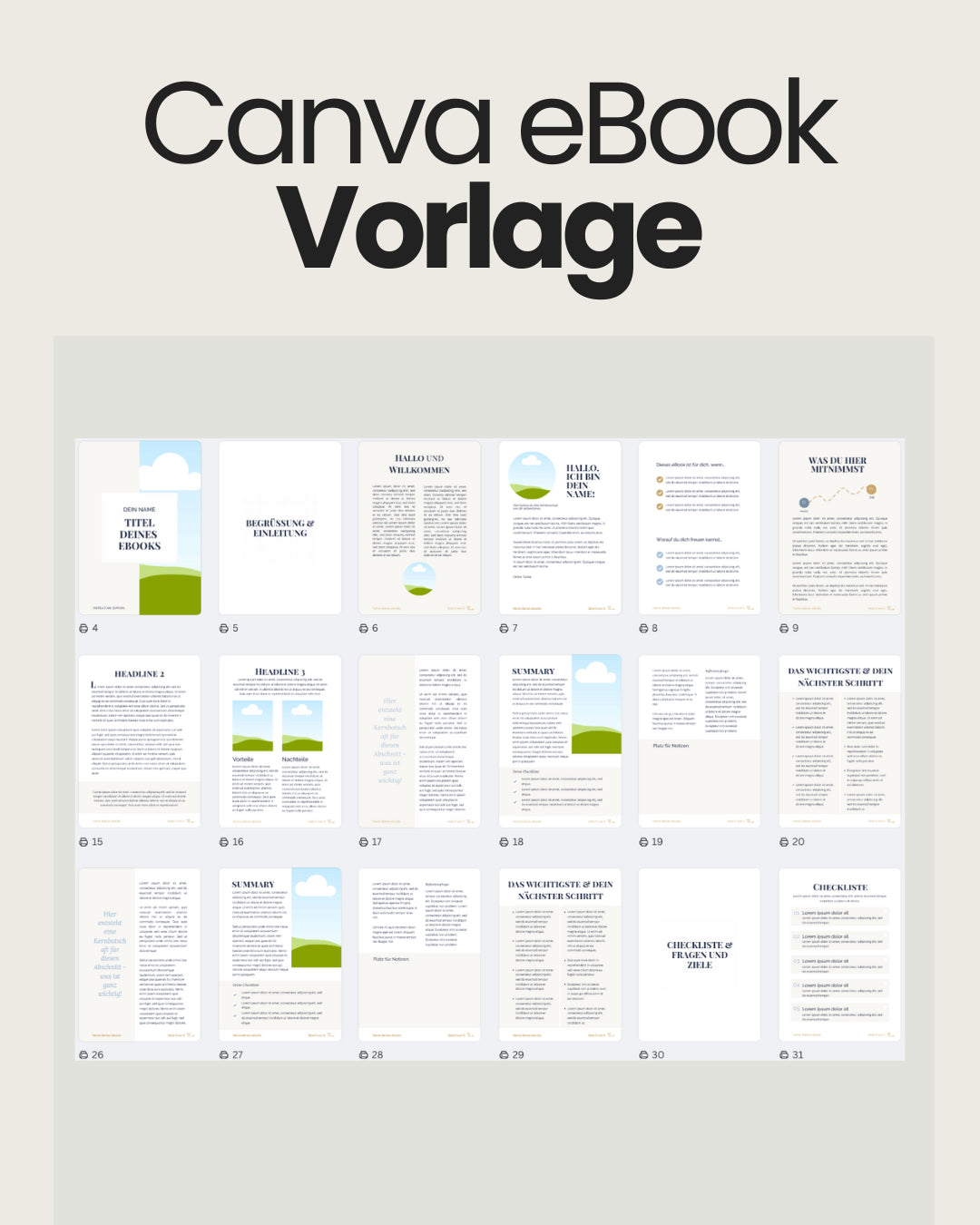 Übersicht einer Canva-eBook-Vorlage mit 30 Seiten: Die Seiten enthalten Platzhalter für Titel, Begrüssung, Einleitung, Kapitelüberschriften, Fliesstext, Listen, Vorteile-Nachteile-Tabellen, Zusammenfassungen und Checklisten. Das Design ist schlicht mit weissen Flächen, beigen Akzenten und Illustrationen von Landschaften.
