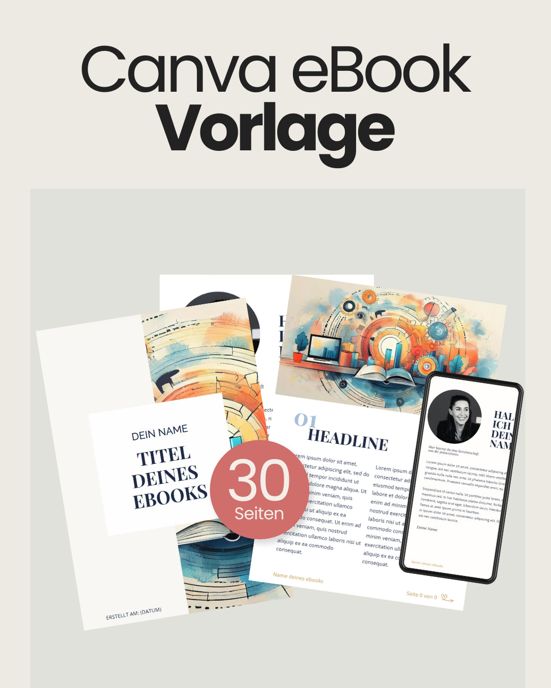 Mockup einer Canva-eBook-Vorlage mit 30 Seiten: Drei gestaltete eBook-Seiten mit bunten Illustrationen und Platzhaltern für Titel, Inhalte und Autorenfoto. Der Text auf der Titelseite zeigt 'Titel deines eBooks', daneben sind Beispielseiten mit Überschriften, Fliesstext und Bildern zu sehen. Zusätzlich wird die mobile Ansicht auf einem Smartphone angezeigt.