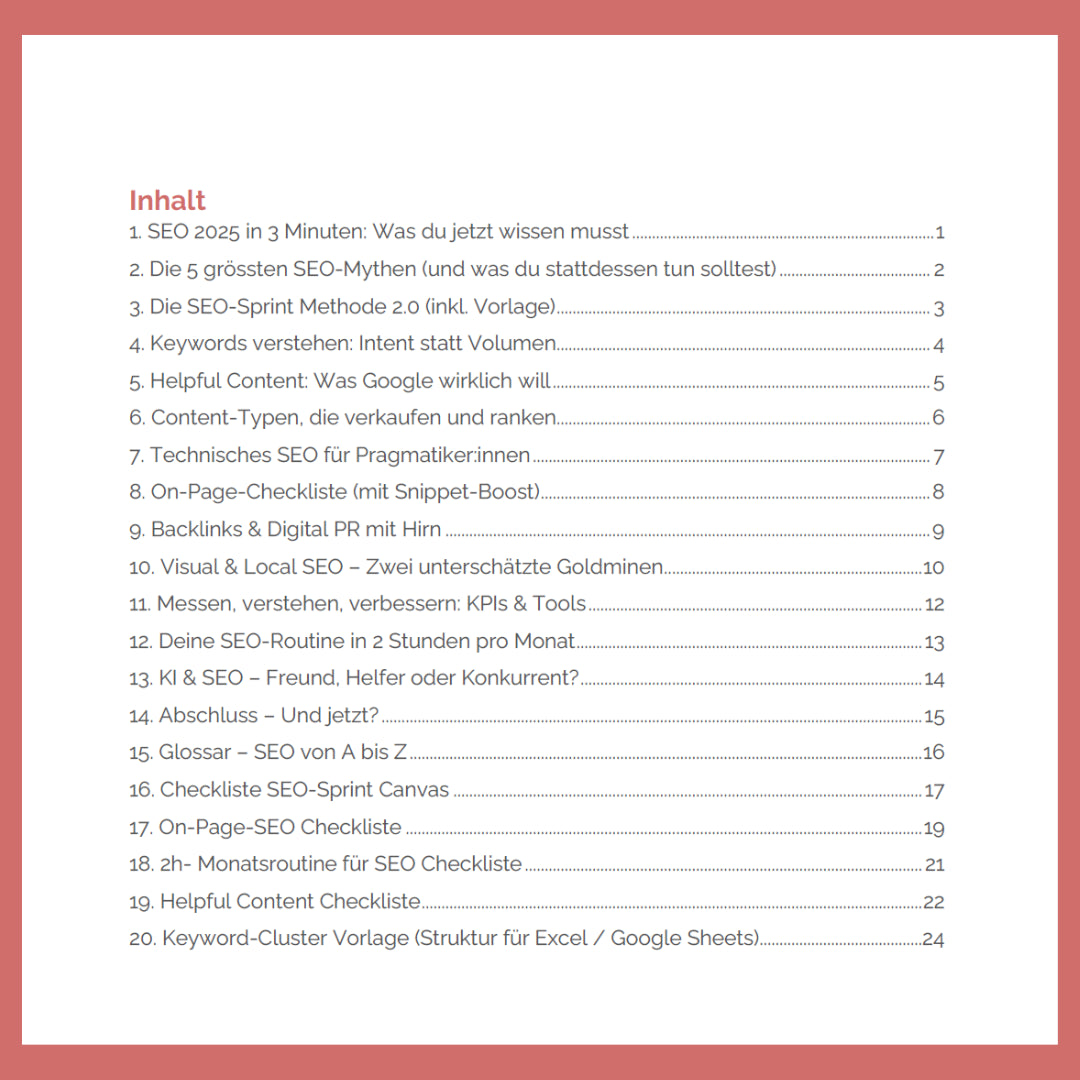 Inhaltsverzeichnis des SEO eBooks 2.0 von 360° Digital – mit Themen zu Sichtbarkeit, Content und Optimierung im Jahr der KI