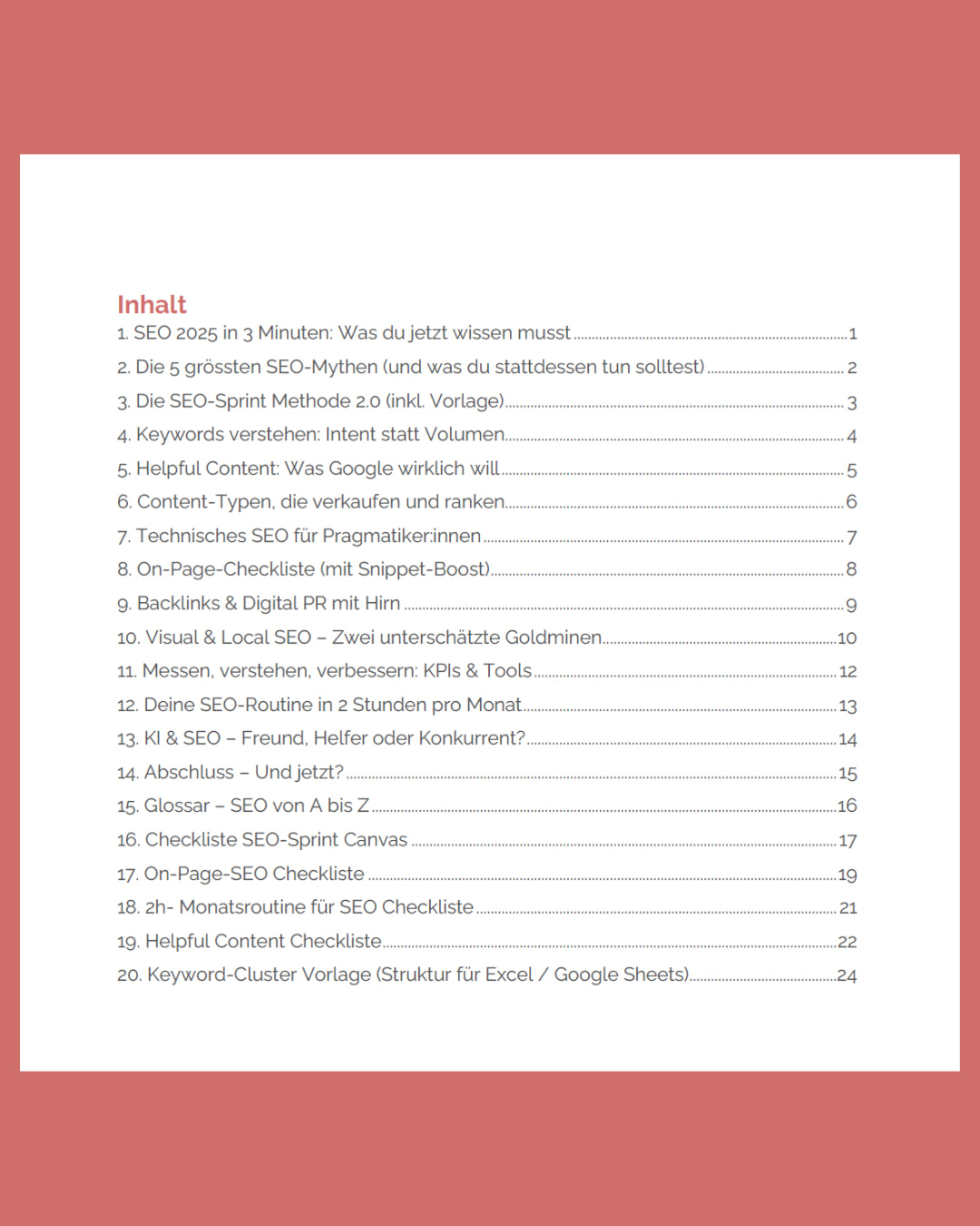 Inhaltsverzeichnis des SEO eBooks 2.0 von 360° Digital – mit Themen zu Sichtbarkeit, Content und Optimierung im Jahr der KI