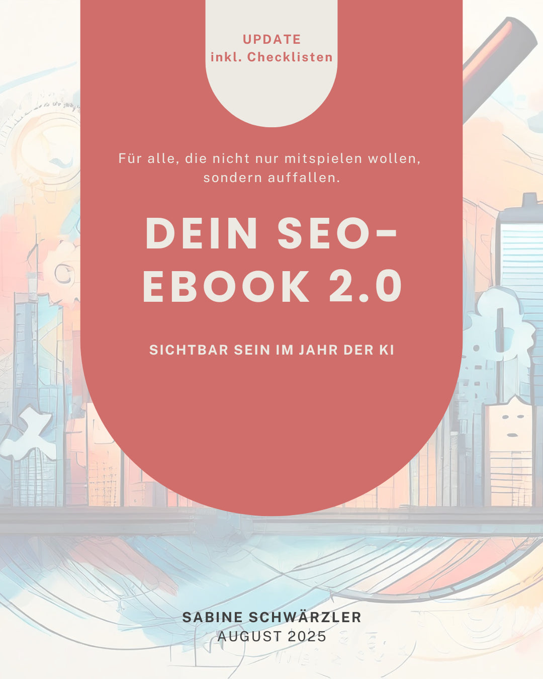 Titelbild des SEO eBooks 2.0 – modernes Design in Rot mit Fokus auf digitale Sichtbarkeit im Jahr der KI