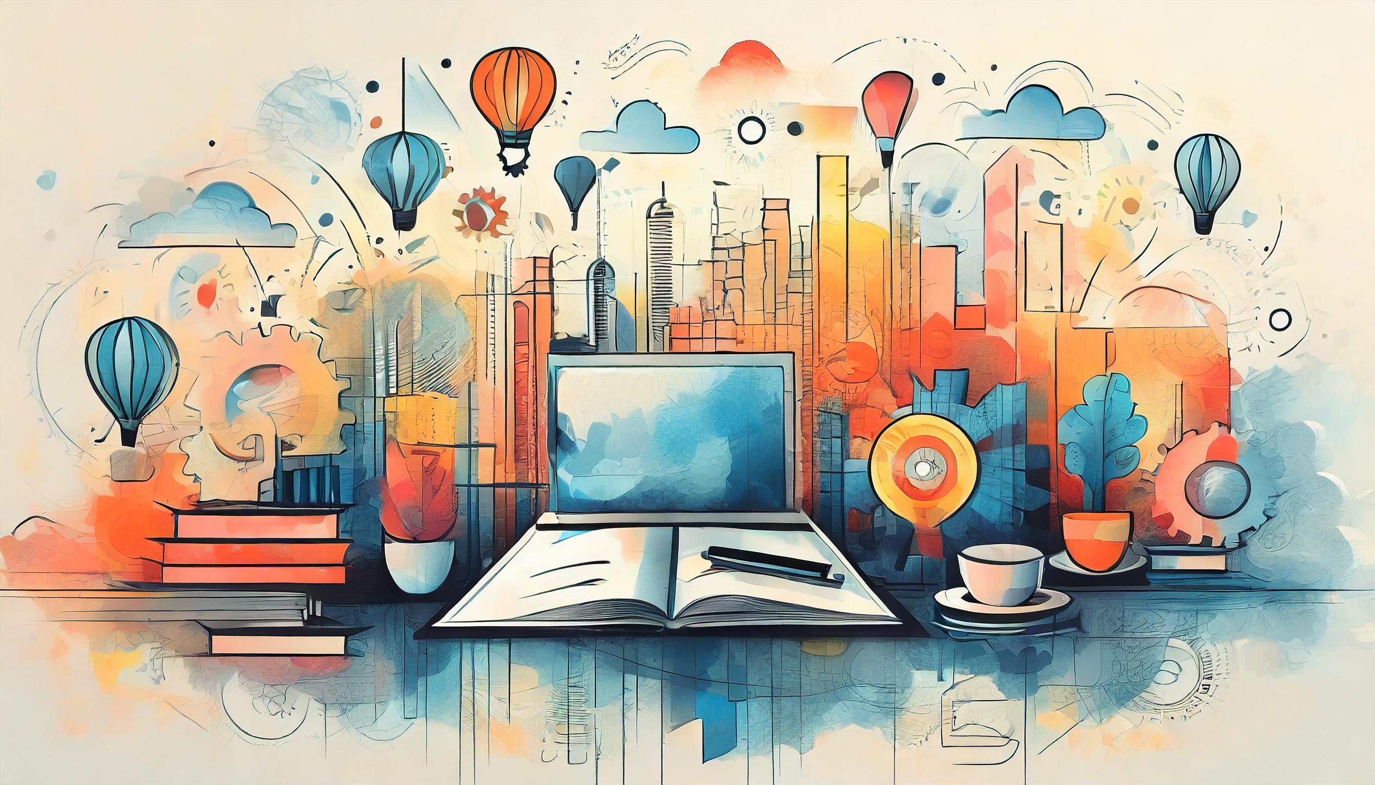 Farbenfrohe digitale Illustration mit einem Laptop und einem aufgeschlagenen Notizbuch im Vordergrund. Im Hintergrund eine stilisierte Stadtlandschaft mit Wolken, Heissluftballons, Zahnrädern und Symbolen für Kreativität, Innovation und digitales Marketing. Eine Tasse Kaffee steht daneben – ein Sinnbild für produktives Arbeiten.