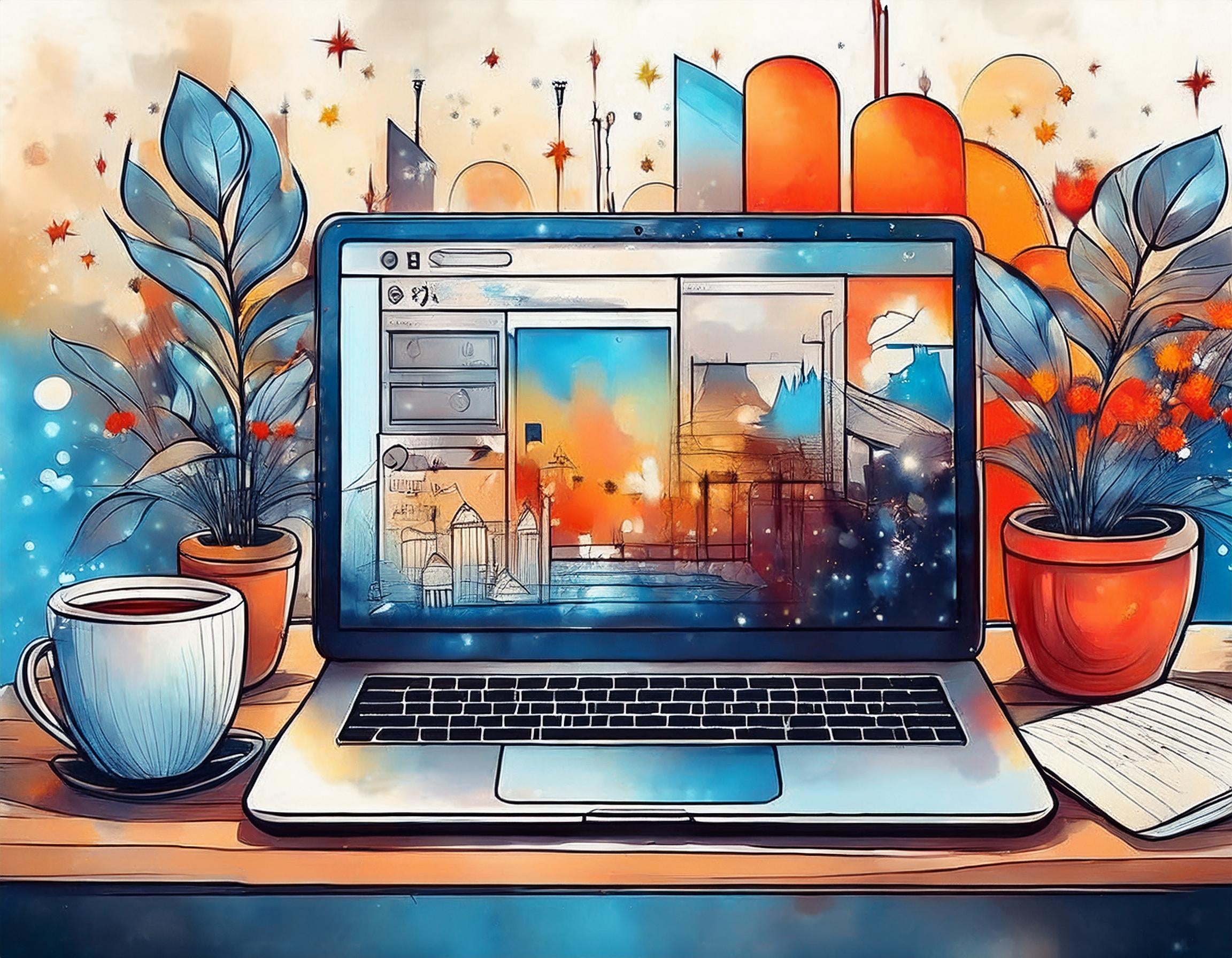 Künstlerische digitale Illustration eines Laptops auf einem Schreibtisch, umgeben von Pflanzen, einer Kaffeetasse und einem Notizbuch. Der Bildschirm zeigt eine fantasievolle Stadtlandschaft mit futuristischen Elementen, skizzenhaften Gebäuden und warmen Farben in Blau-, Orange- und Rottönen. Die Szene vermittelt Kreativität, digitale Arbeit und eine inspirierende Online-Welt.
