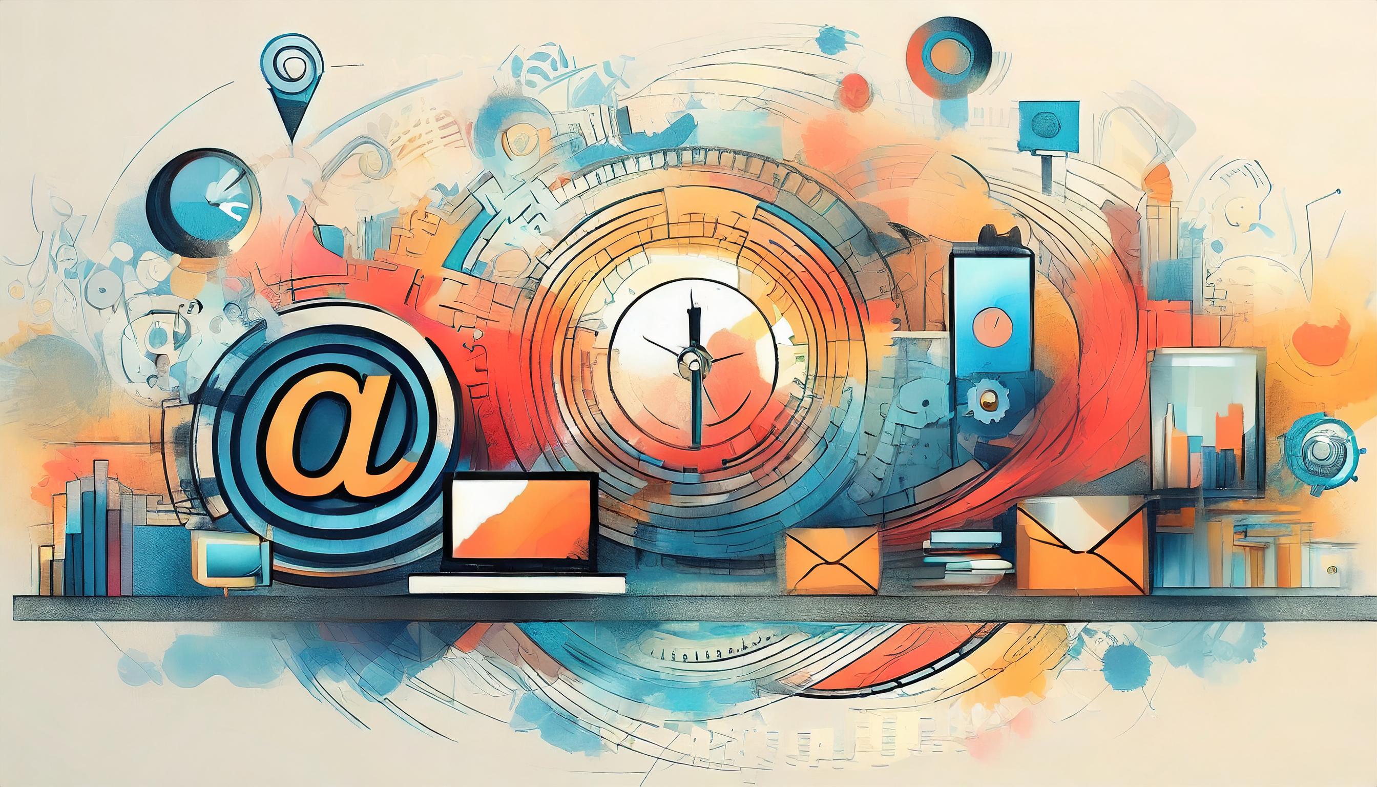 Kreative digitale Illustration im futuristischen Stil mit dem Symbol '@' im Vordergrund, umgeben von technologischen und digitalen Elementen wie einer Uhr, E-Mails, Smartphones, Computern und Standortmarkierungen. Die Farbpalette in Blau-, Orange- und Rottönen vermittelt Dynamik und Innovation – perfekt für Themen wie digitales Marketing, Kommunikation und Vernetzung.