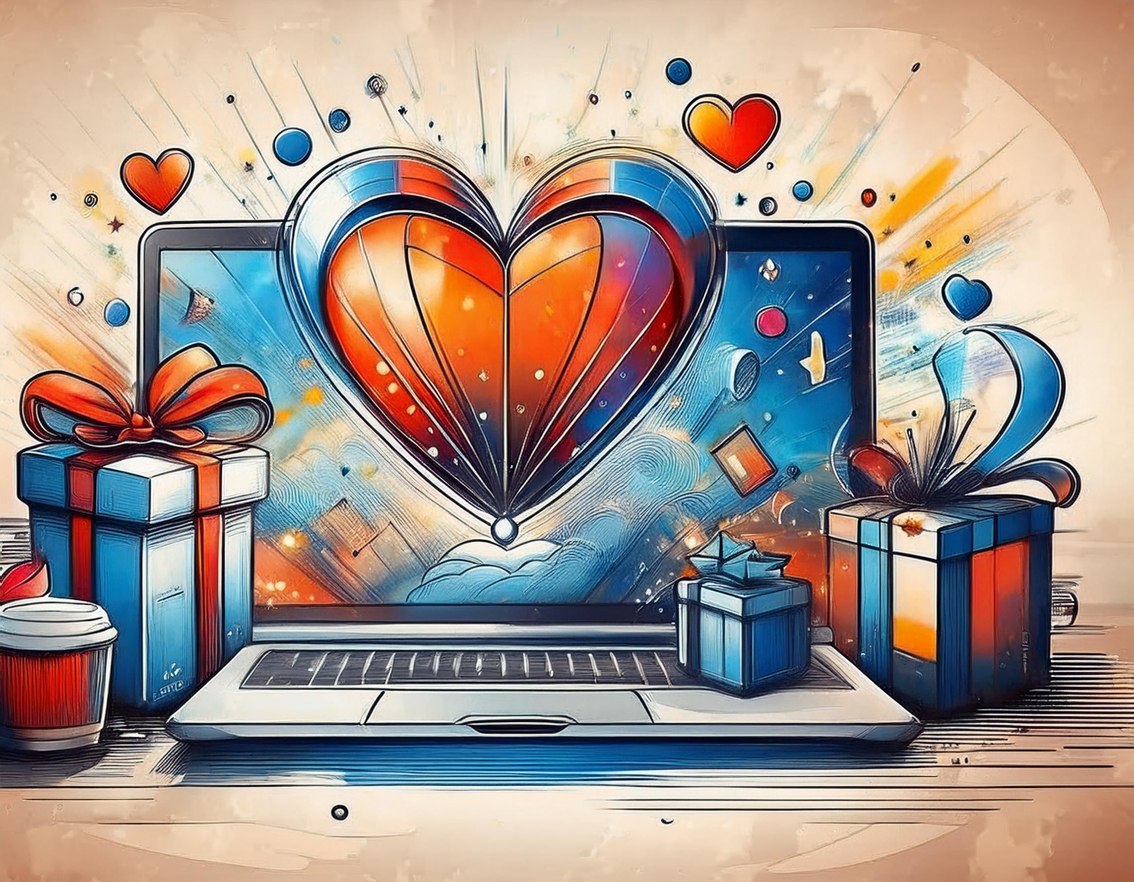 Kreative, digitale Illustration eines Laptops mit einem grossen, leuchtenden Herz in der Mitte des Bildschirms. Umgeben von schwebenden Geschenkboxen mit Schleifen, Symbolen und einem fantasievollen Farbspektrum aus Blau, Orange und Rot. Die Szene vermittelt ein Gefühl von Online-Geschenken, digitaler Überraschung oder E-Commerce mit persönlicher Note.