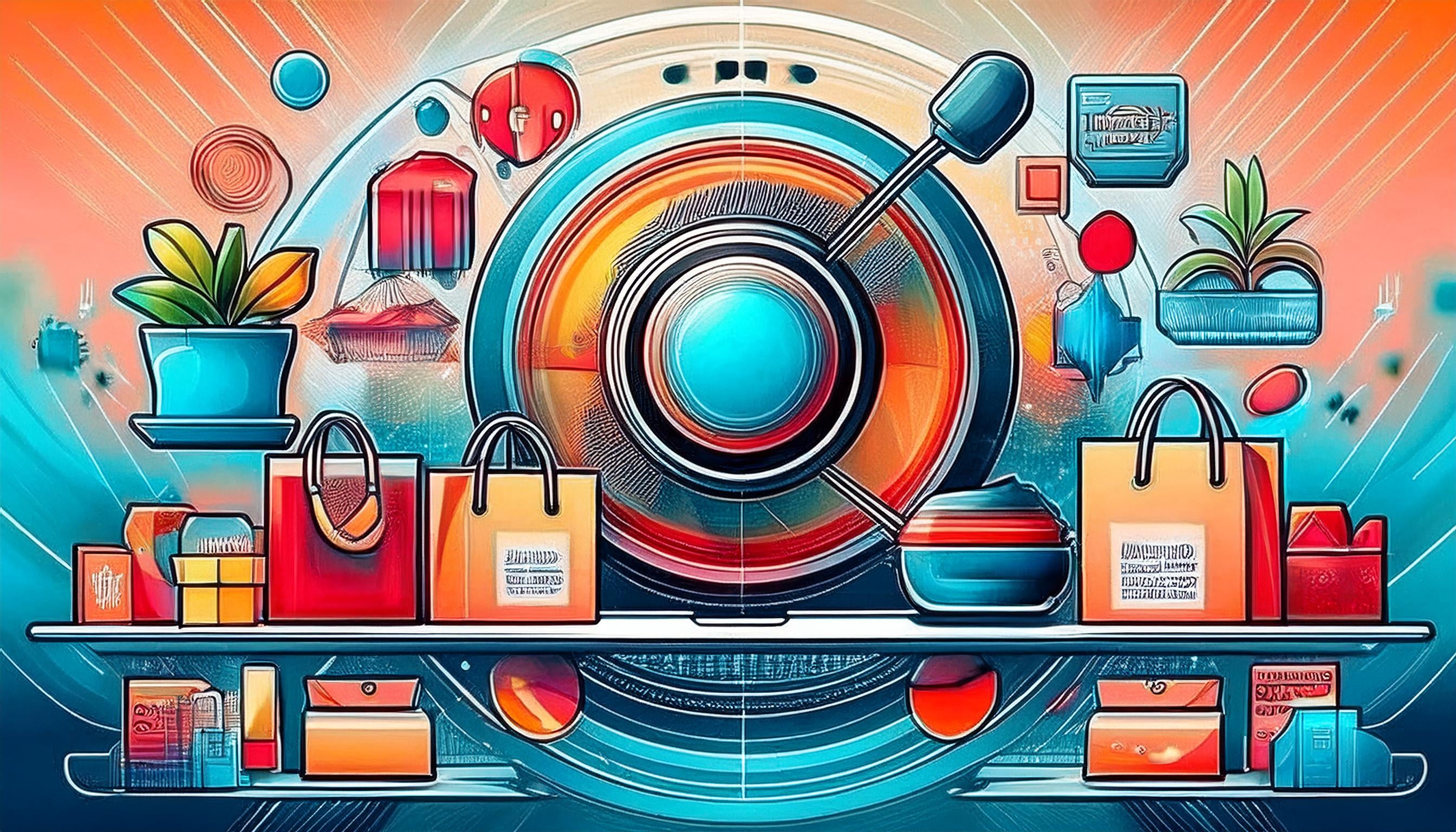 Futuristische digitale Illustration einer E-Commerce- und Shopping-Welt. Im Zentrum ein überdimensionales Suchsymbol mit Lupe, umgeben von Einkaufstaschen, Geschenkboxen und Produkten in lebendigen Blau-, Orange- und Rottönen. Elemente wie Pflanzen, digitale Icons und moderne Lichteffekte verleihen dem Bild einen dynamischen und technologischen Charakter. Perfekte Darstellung für Online-Shopping, digitale Marktplätze und modernes Retail-Marketing.