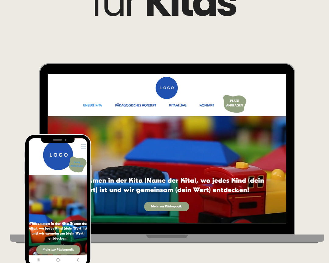 Mockup eines Wix-Templates für Kitas: Auf Laptop- und Smartphone-Bildschirmen ist eine bunte Website mit Spielzeug im Hintergrund zu sehen. Der Text auf der Startseite heisst Besucher in der Kita willkommen und verweist auf das pädagogische Konzept. Navigation mit Menüpunkten wie 'Unsere Kita', 'Pädagogisches Konzept', 'Kita-Alltag' und 'Kontakt'