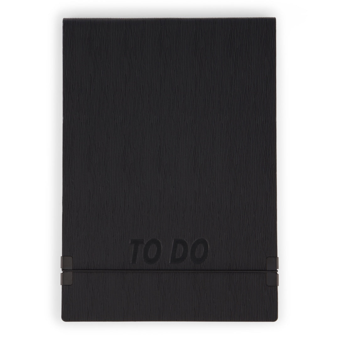Vorderseite eines schwarzen DIN A5 Notizbuchs mit TO DO Logo