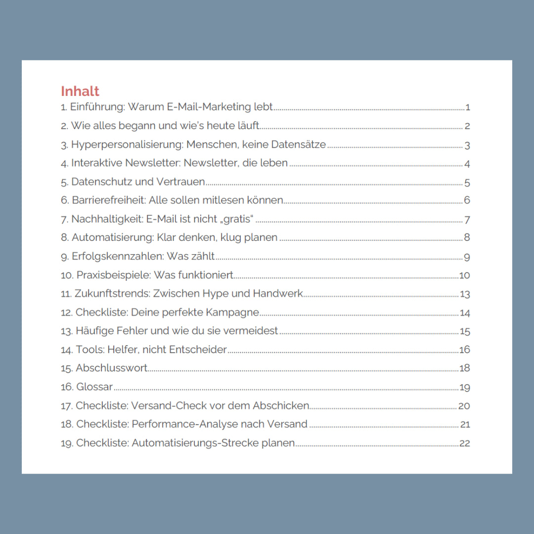 Inhaltsseite des eBooks „E-Mail-Marketing heute“ mit Kapiteln zu Strategie, Personalisierung und Praxisbeispielen