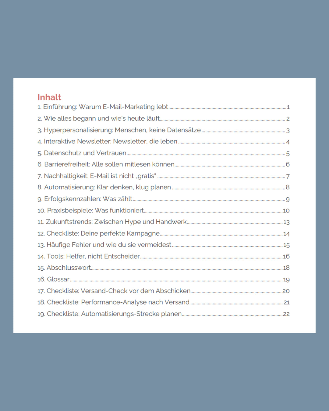 Inhaltsseite des eBooks „E-Mail-Marketing heute“ mit Kapiteln zu Strategie, Personalisierung und Praxisbeispielen