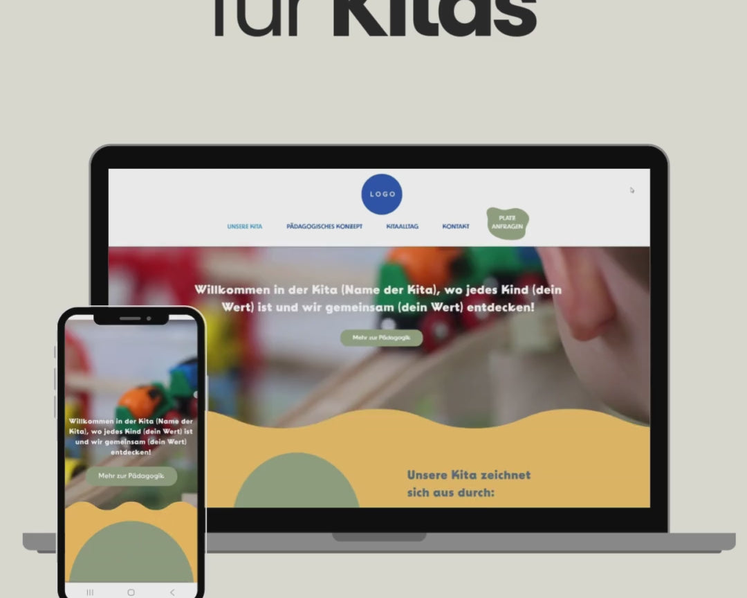 Video eines Wix-Templates für Kitas: Auf Laptop- und Smartphone-Bildschirmen ist eine farbenfrohe Kita-Website mit Spielzeug im Hintergrund zu sehen. Die Startseite begrüsst Besucher mit einem Willkommenstext und verweist auf das pädagogische Konzept. Navigation mit Menüpunkten wie 'Unsere Kita', 'Pädagogisches Konzept', 'Kita-Alltag' und 'Kontakt'