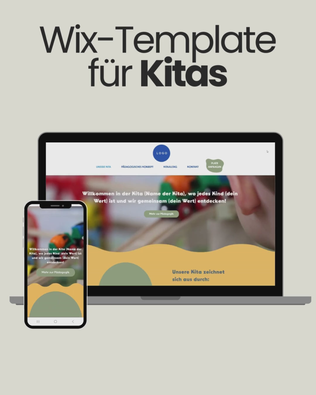 Video eines Wix-Templates für Kitas: Auf Laptop- und Smartphone-Bildschirmen ist eine farbenfrohe Kita-Website mit Spielzeug im Hintergrund zu sehen. Die Startseite begrüsst Besucher mit einem Willkommenstext und verweist auf das pädagogische Konzept. Navigation mit Menüpunkten wie 'Unsere Kita', 'Pädagogisches Konzept', 'Kita-Alltag' und 'Kontakt'