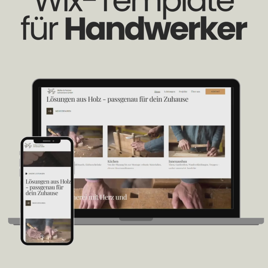 Vorschau eines Wix-Templates für Handwerker: Auf einem Laptop- und Smartphone-Bildschirm ist eine Website für eine Schreinerei zu sehen, mit Bildern von Holzarbeiten, Küchen und Innenausbau. Oben steht der Text 'Wix-Template für Handwerker'.