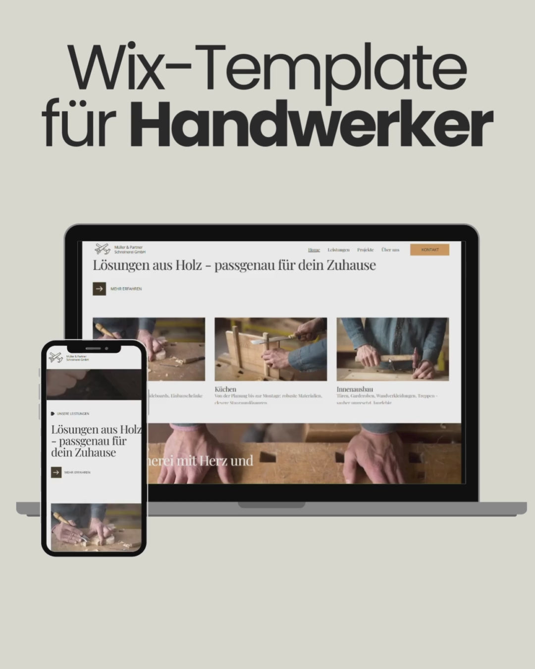 Vorschau eines Wix-Templates für Handwerker: Auf einem Laptop- und Smartphone-Bildschirm ist eine Website für eine Schreinerei zu sehen, mit Bildern von Holzarbeiten, Küchen und Innenausbau. Oben steht der Text 'Wix-Template für Handwerker'.
